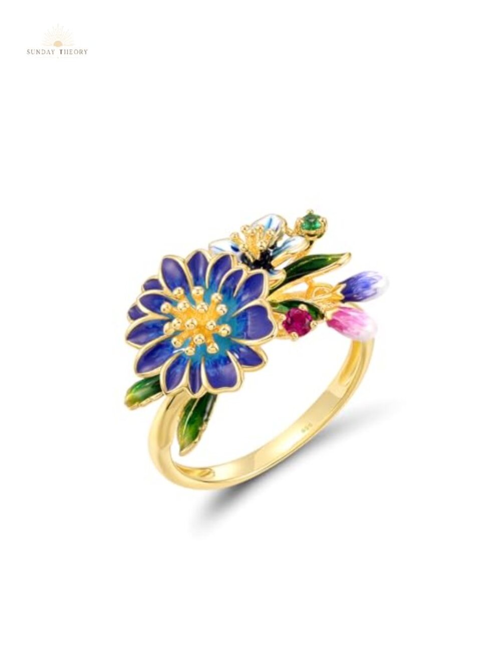 925 Sterling Silver Enamel Flower Ring Women Size 9 Statement